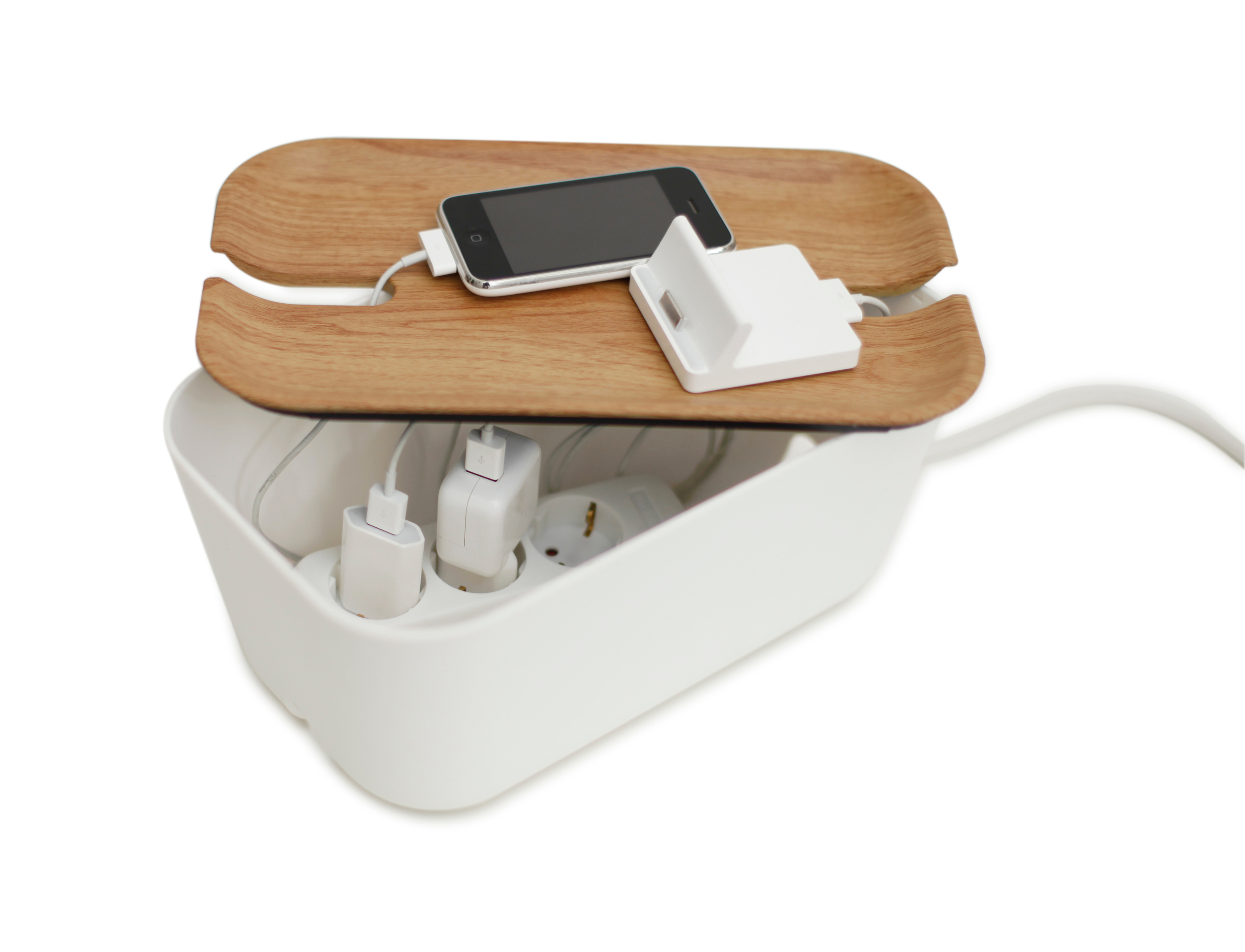 Cable Organiser Hideaway M White / Natural wood decor. Plastic, silicone -  Bosign