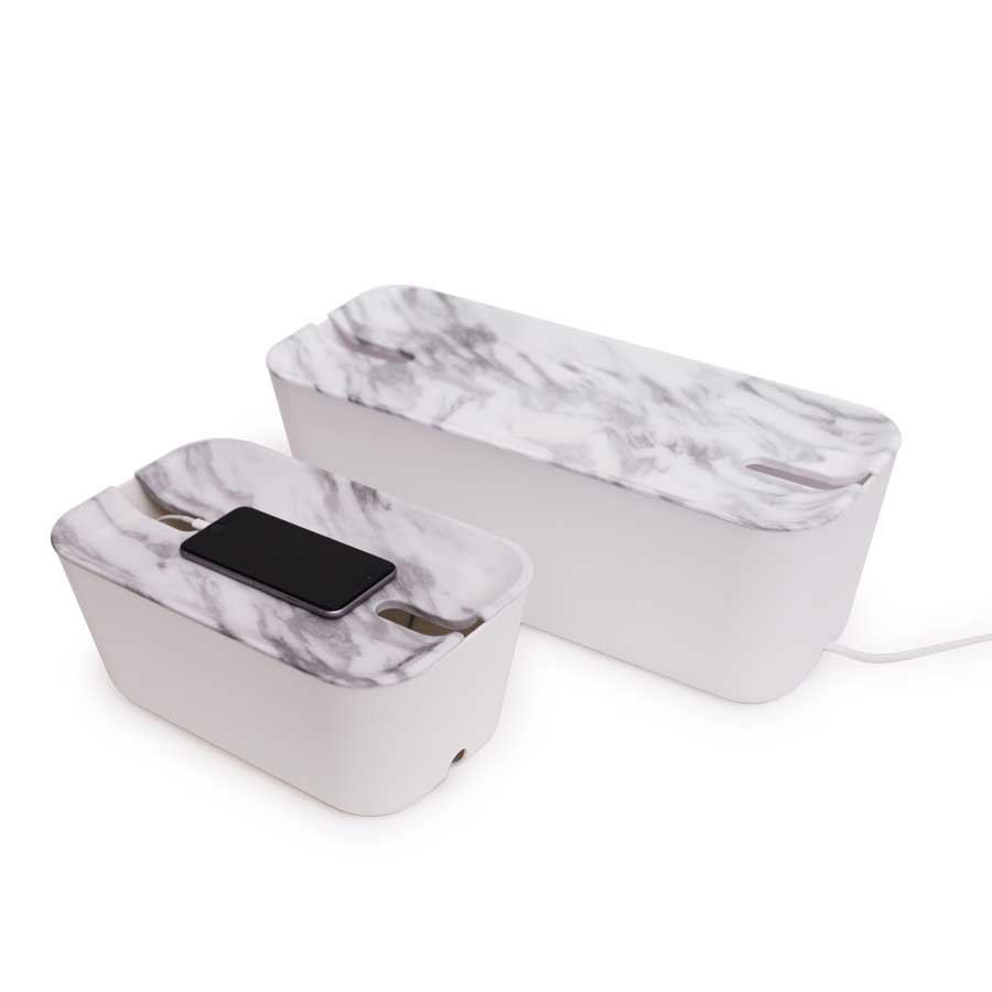 Cable Organiser XL. Hideaway - White/Marble decor. 45x18x17 cm. Plastic, silicone - 3