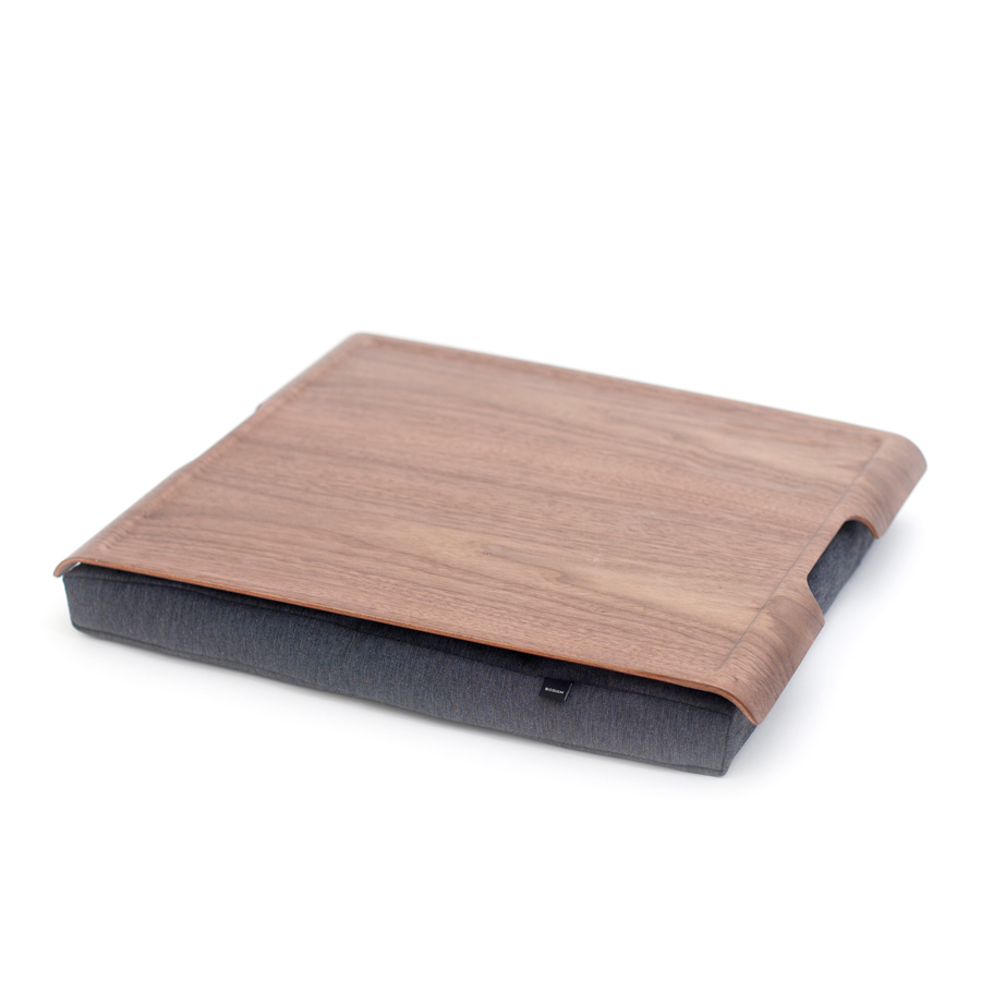 Laptray Anti-Slip - Walnut wood / Salt & Pepper Gray. 46x38x6,5 cm. Walnut  (Juglans nigra, from USA)/Cotton mix