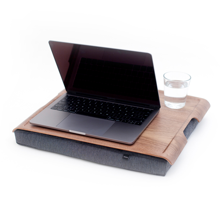 Laptray Anti-Slip. Walnut wood Salt &amp; Pepper Gray cushion. Non-slip surface