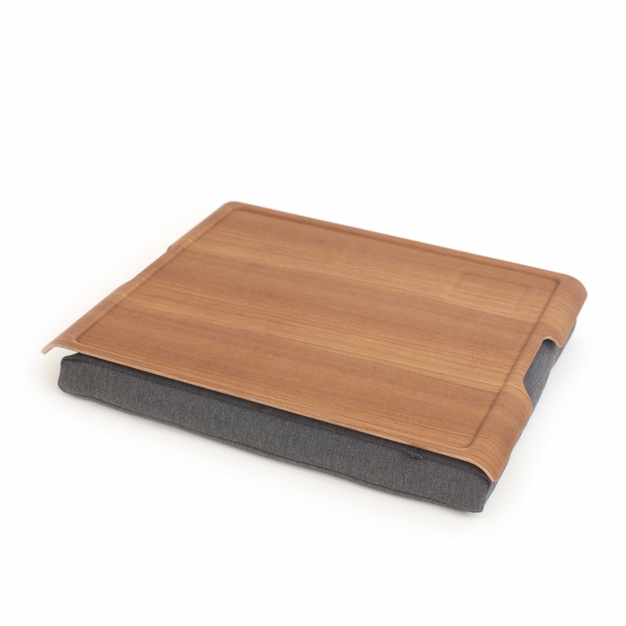 Laptray Anti-Slip. Teak wood
&amp; Salt &amp; Pepper Gray cushion
Non-slip surface