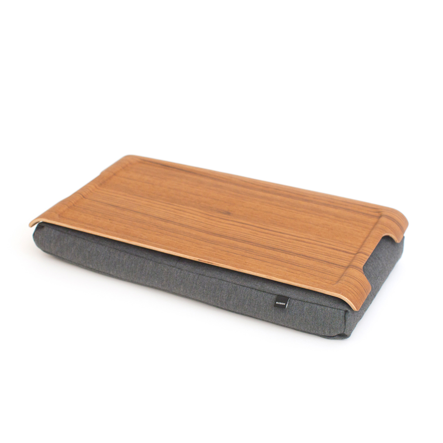 Mini Laptray Anti-Slip. Teak  wood
&amp; Salt &amp; Pepper Gray cushion
Non-slip surface