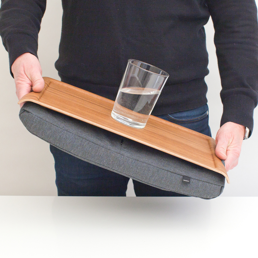 Mini Laptray Anti-Slip. Teak  wood &amp; Salt &amp; Pepper Gray cushion Non-slip surface