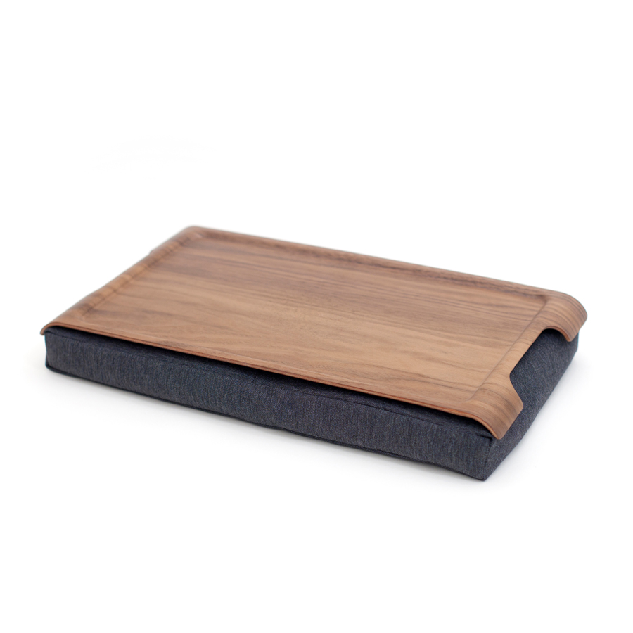 Mini Laptray Anti-Slip. Walnut wood  Salt &amp; Pepper Gray cushion. Non-slip surface