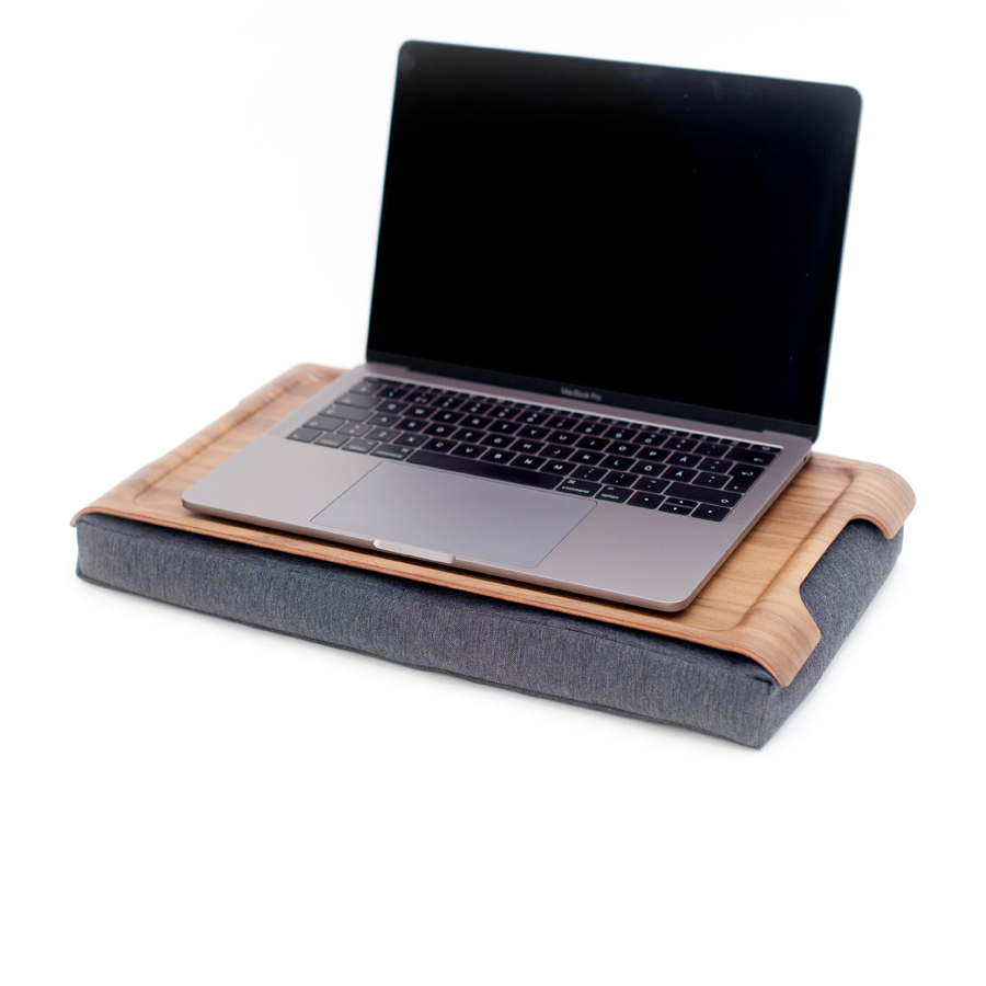 Mini Laptray Anti-Slip. Walnut wood 
Salt &amp; Pepper Gray cushion. Non-slip surface
