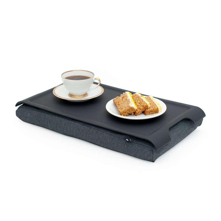 Mini Laptray Anti-Slip
Matte Black tray
Salt &amp; Pepper Gray cushion. Non-slip surface 