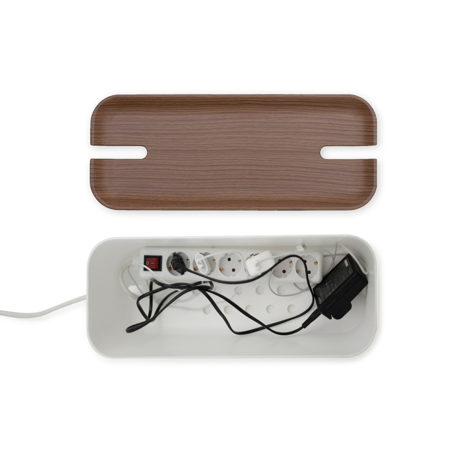 Cable Organiser XL. Hideaway - White / Satin matt dark wood decor. 45x18x17 cm. Plastic, silicone - 3
