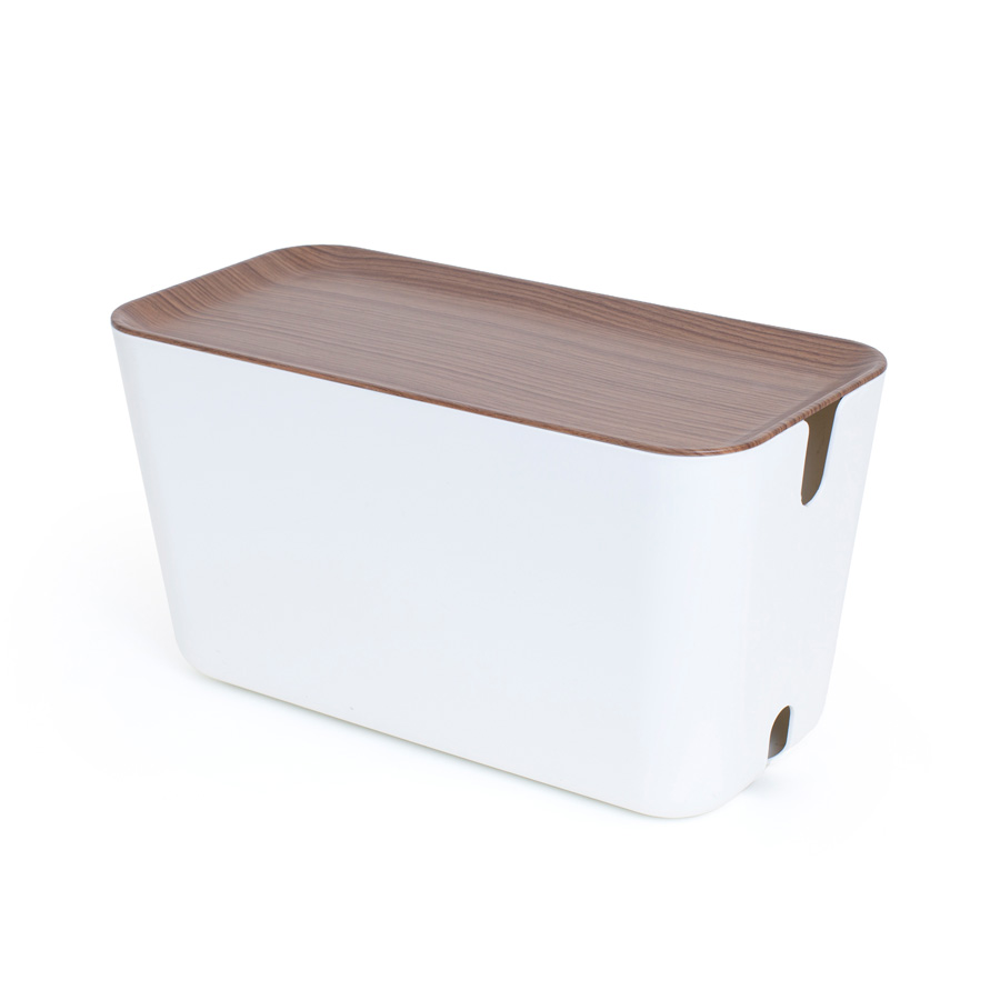 Cable Box XXL - White / Satin matt dark wood decor. 46x21,5x24,5 cm. Plastic, silicone
