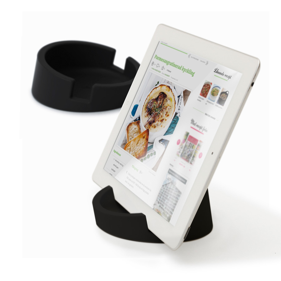 Kitchen Tablet Stand. Cookbook stand for iPad/tablet PC - Black. ø11,4 cm, 4,5 cm high. Silicone