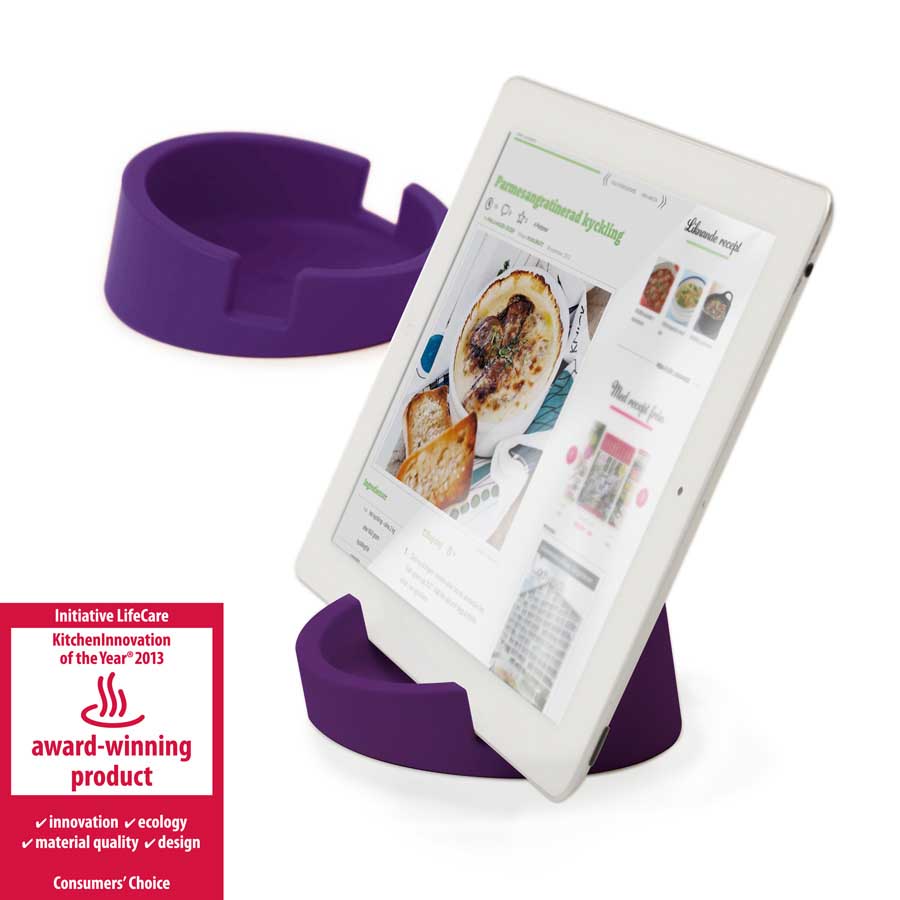 Kitchen Tablet Stand. Cookbook stand for iPad/tablet PC - Purple. ø11,4 cm, 4,5 cm high. Silicone