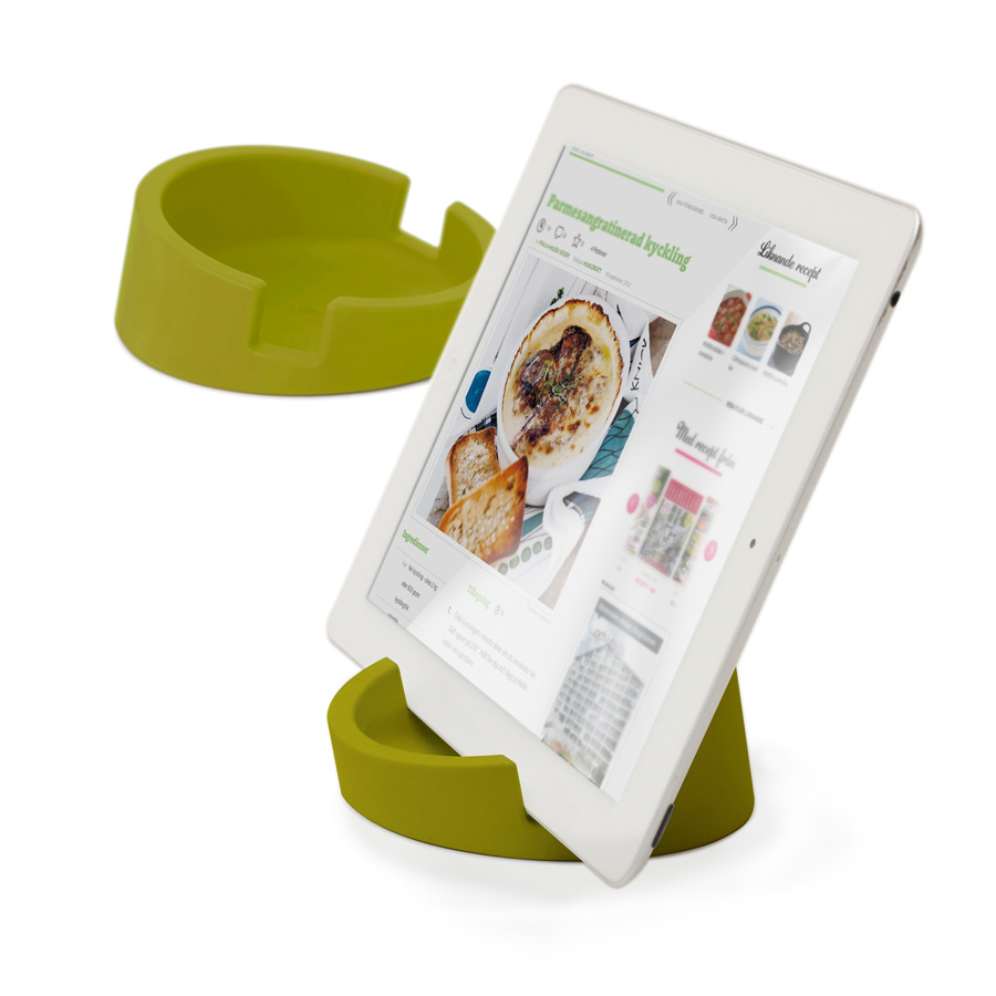 Kitchen Tablet Stand. Cookbook stand for iPad/tablet PC - Green. ø11,4 cm, 4,5 cm high. Silicone