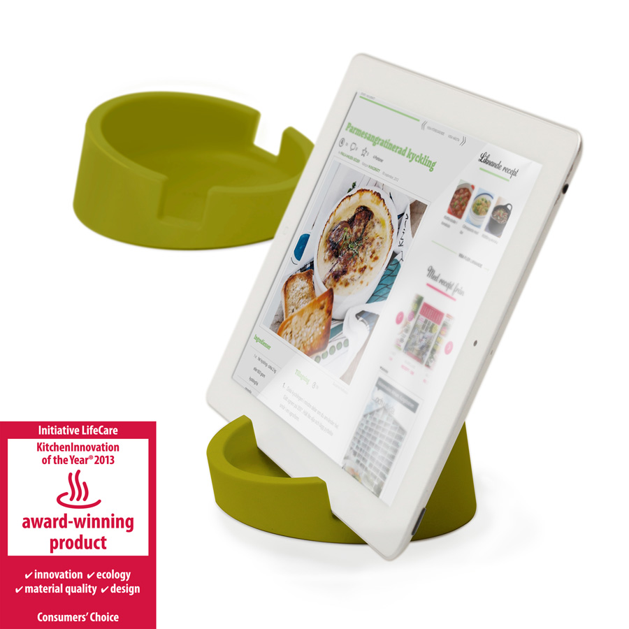 Kitchen Tablet Stand. Cookbook stand for iPad/tablet PC - Green. ø11,4 cm, 4,5 cm high. Silicone - 4