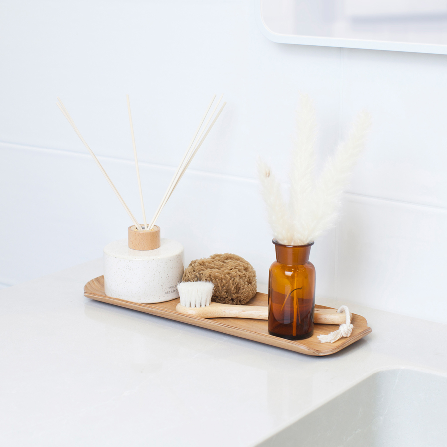 Water & Oil Resistant Wood Vanity Organiser for Bathroom. Willow Wood Tray LEAF. - Willow wood. Satin matt finish. 33x11,5x1,5 cm. Willow (Fraxinus mandschurica). - 9