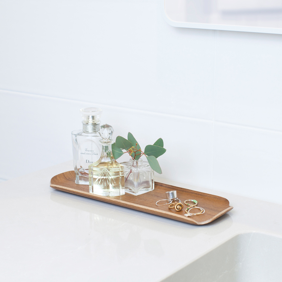Water And Oil Resistant Wood Vanity Organiser for Bathroom. Walnut Wood Tray LEAF. Satin matt finish
