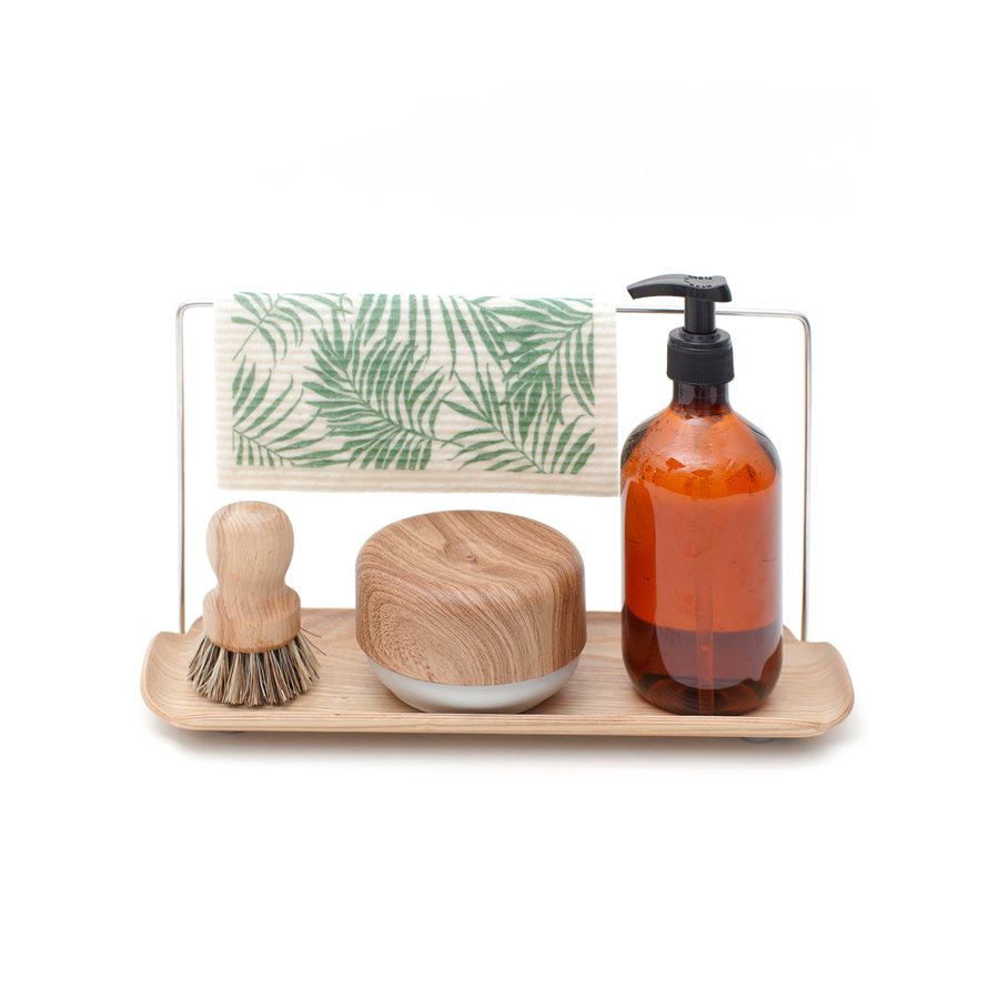 Wood Sink Organiser With Dishcloth Hanger. Water Resistant Tray - Willow Wood. Satin Matt Finish. 33x11,5x1,5 cm. Stainless Steel/Silicone/Willow Wood (Fraxinus Mandschurica).