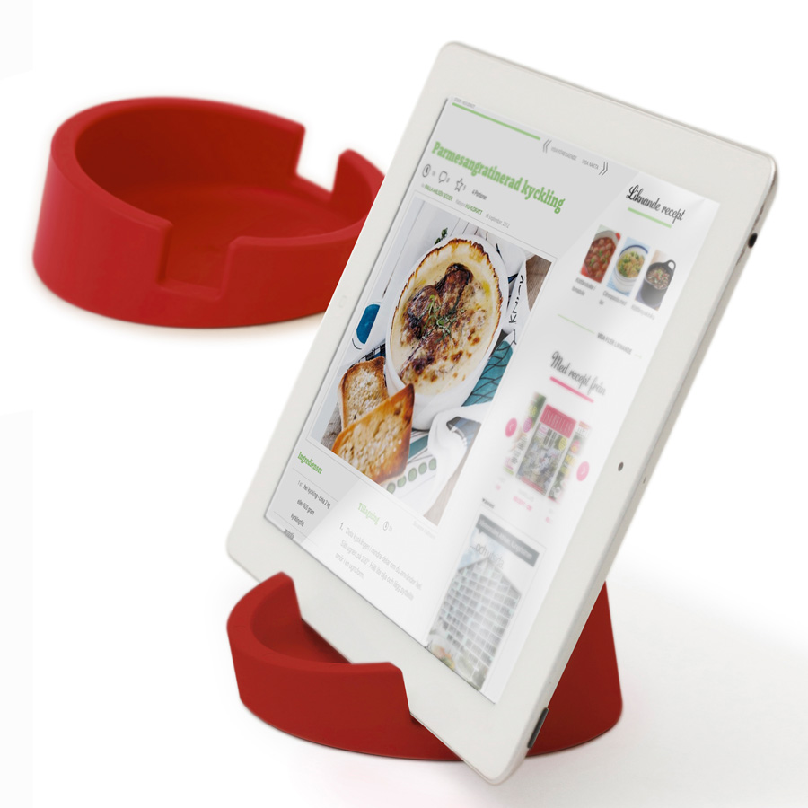 Kitchen Tablet Stand. Cookbook stand for iPad/tablet PC - Red. ø11,4 cm, 4,5 cm high. Silicone