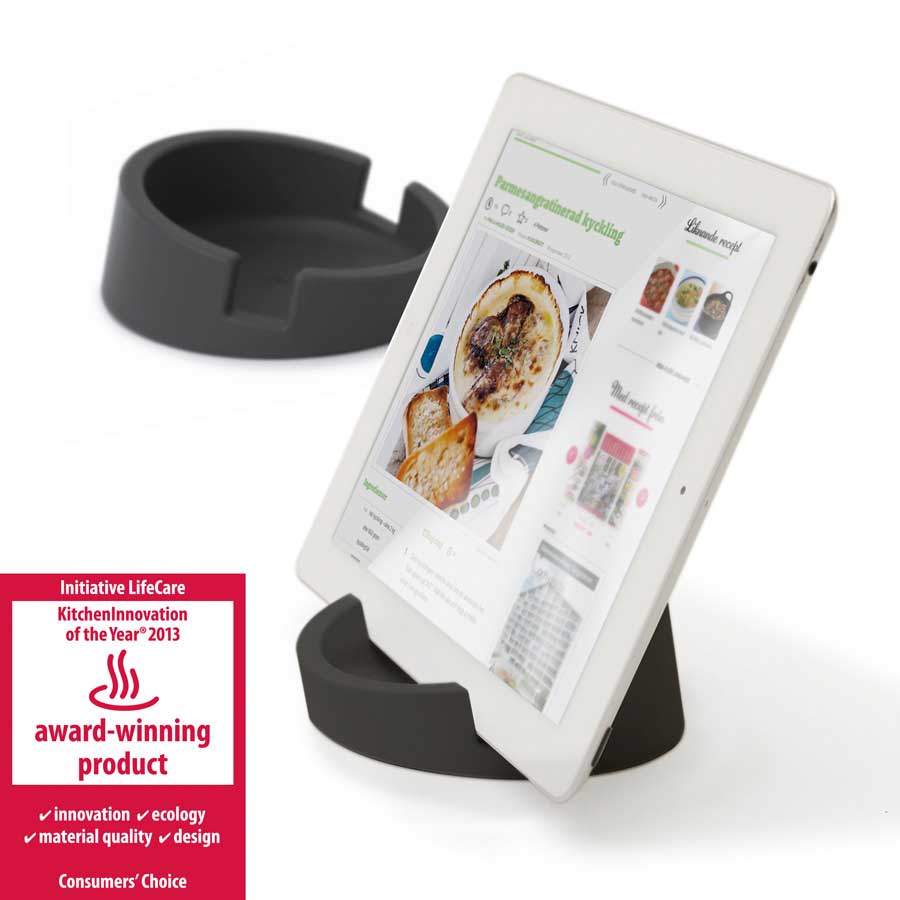 Kitchen Tablet Stand. Cookbook stand for iPad/tablet PC - Graphite Gray ø11,4 cm, 4,5 cm high. Silicone