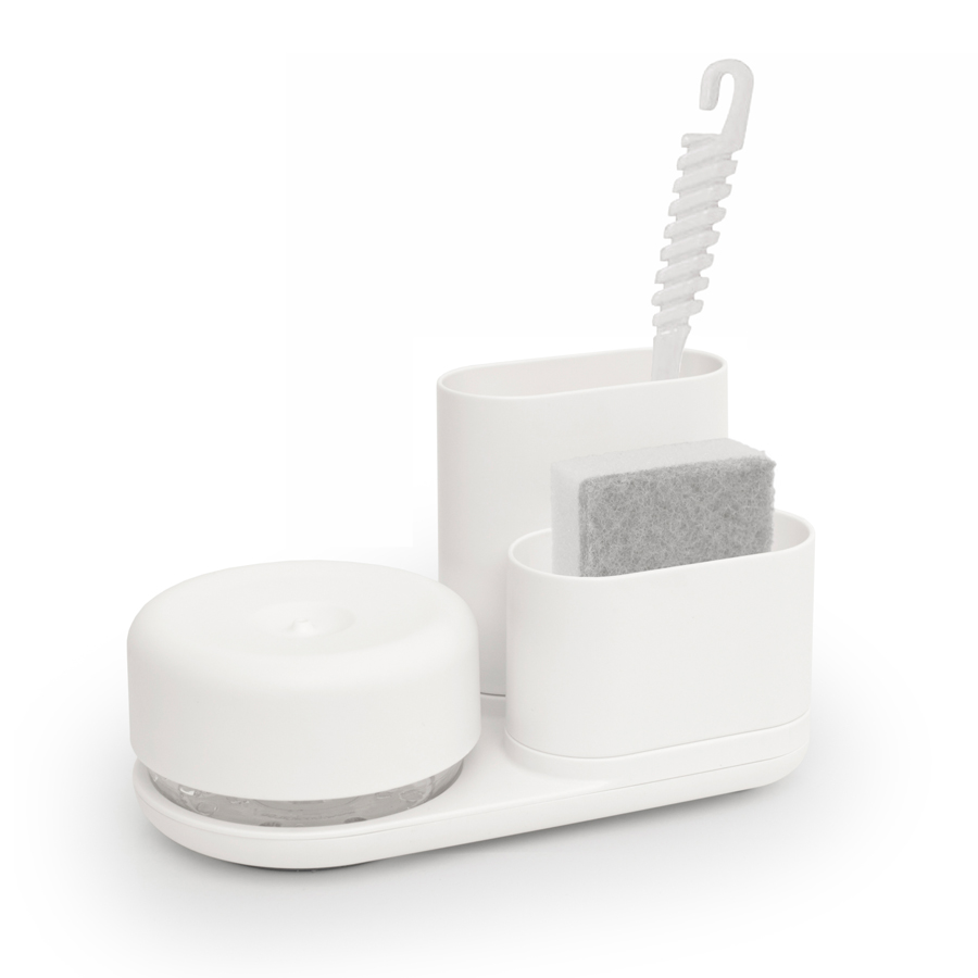 Do-Dish™ Caddy. Dish soap pump & sink organiser set - White . 21.5x11x13 cm. PET, plastic, silicone - 2