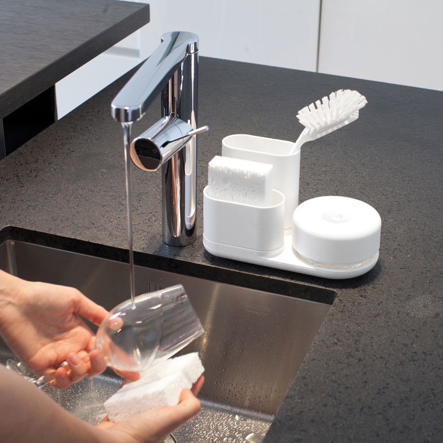 Do-Dish™ Caddy. Dish soap pump & sink organiser set - White . 21.5x11x13 cm. PET, plastic, silicone - 5
