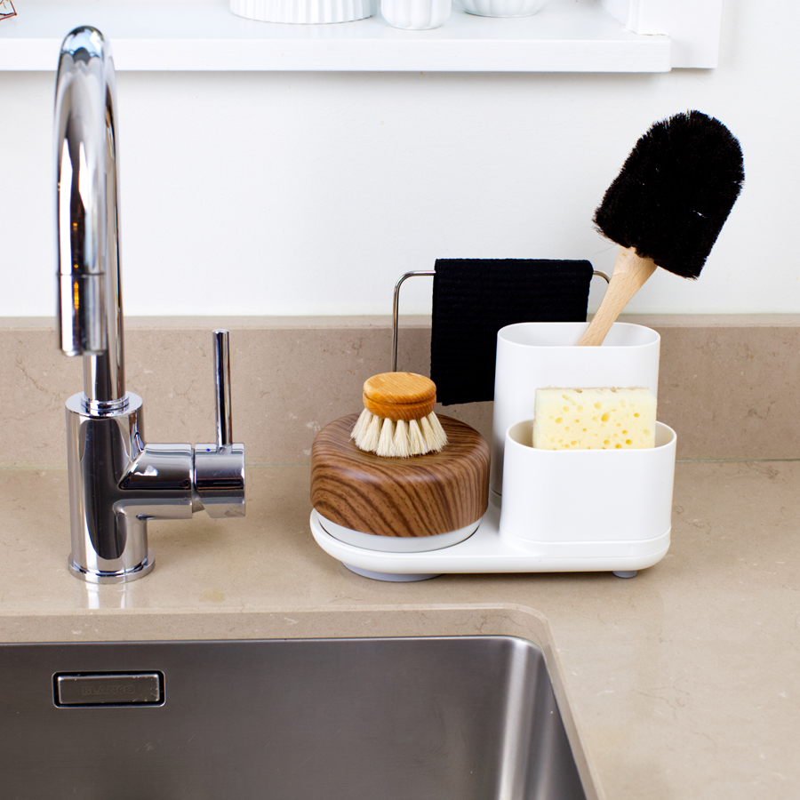 Dish Soap Pump & Sink Organiser Set. Do-Dish™ Caddy PLUS. White. Dark Wood Decor. 1,5x12,5x16 cm. PET/Plastic/Stainless Steel/Silicone - 3