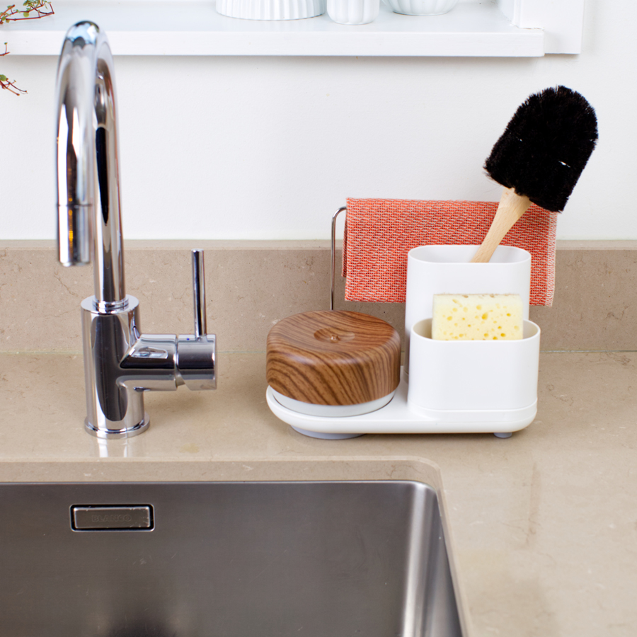 Dish Soap Pump & Sink Organiser Set. Do-Dish™ Caddy PLUS. White. Dark Wood Decor. 1,5x12,5x16 cm. PET/Plastic/Stainless Steel/Silicone - 6