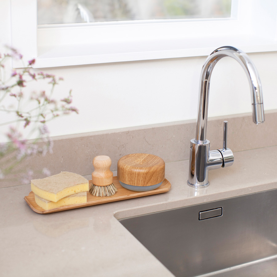 Dish Soap Dispenser Do-Dish™ - Natural wood decor / Light Gray. ø11x6,5 cm. PET, plastic, silicone - 3
