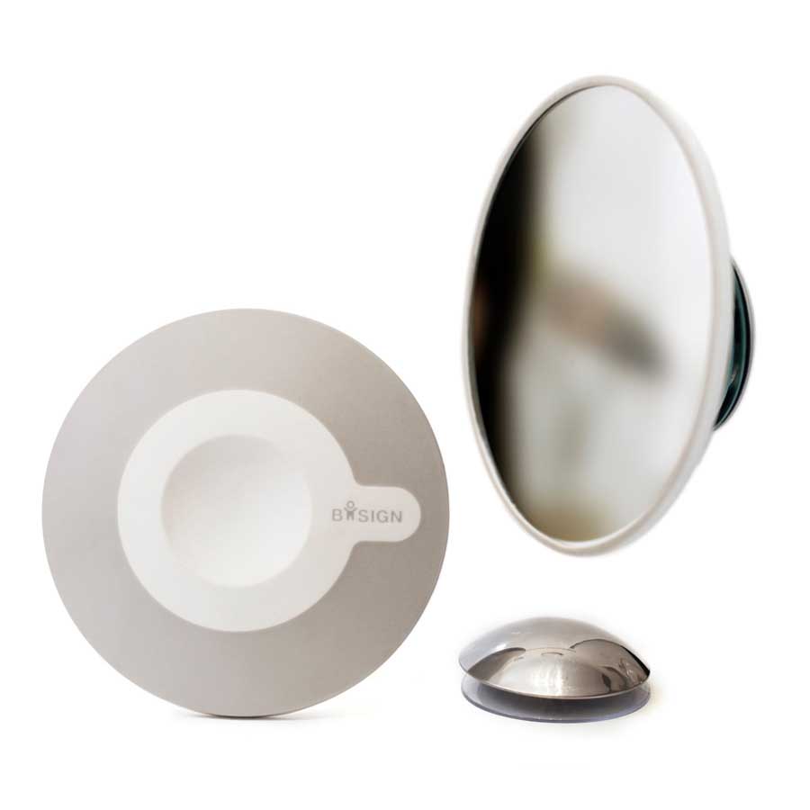 Detachable Make-up Mirror X5. AirMirror™. Grey. Hidden suction cup fitting. Magnetic fastener. ø 11,2 cm, 1,4 cm depth. Glass. Plastic
