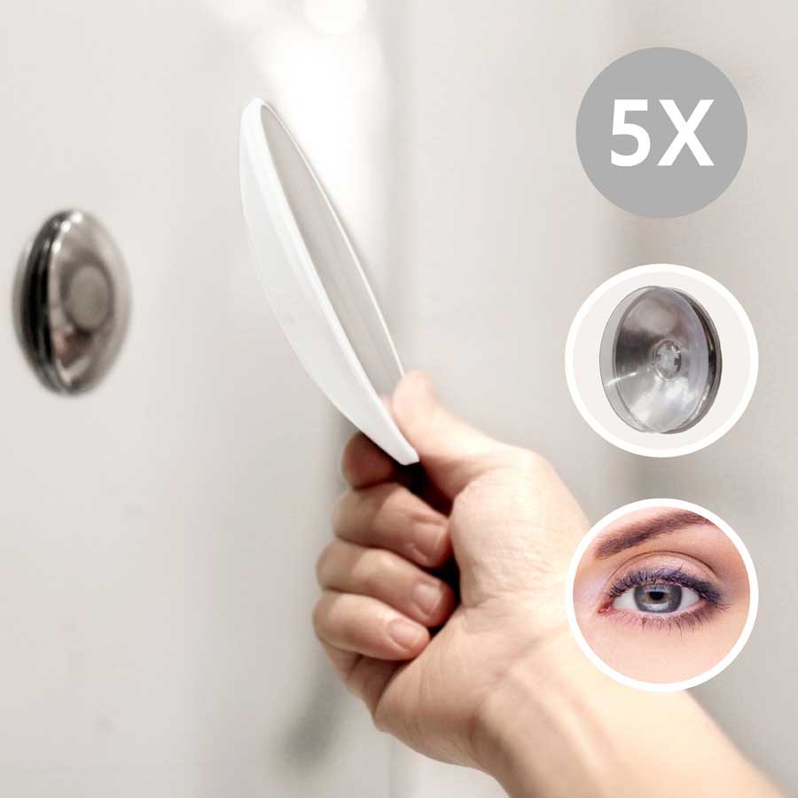 Detachable Make-up Mirror X5. AirMirror™. White. Hidden suction cup fitting. Magnetic fastener. ø 11,2 cm, 1,4 cm depth. Glass. Silicone - 1