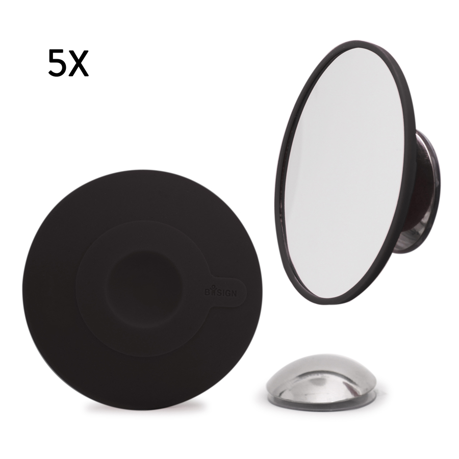 Detachable Make-up Mirror X5. AirMirror™. Black. Hidden suction cup fitting. Magnetic fastener. ø 11,2 cm, 1,4 cm depth. Glass. Silicone