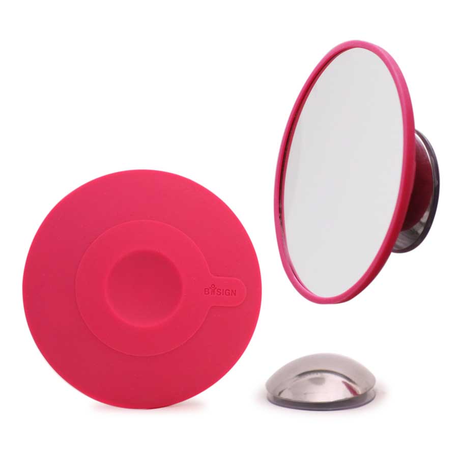 Detachable Make-up Mirror X5. AirMirror™. Cerise. Hidden suction cup fitting. Magnetic fastener. ø 11,2 cm, 1,4 cm depth. Glass. Silicone