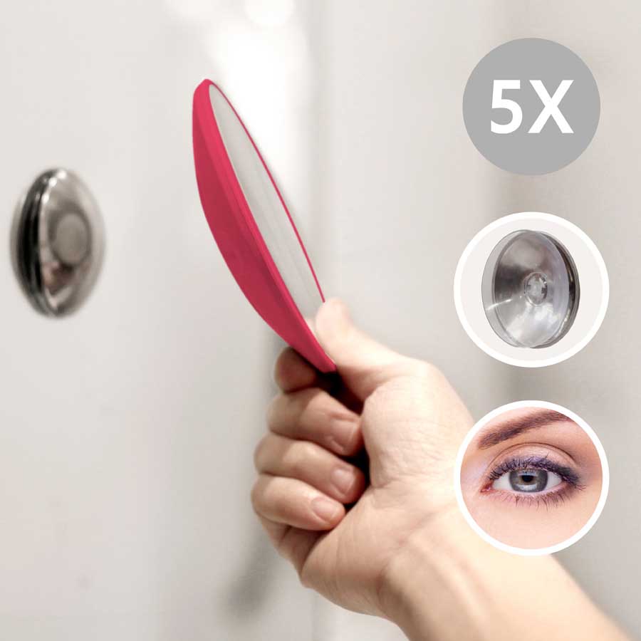 Detachable Make-up Mirror X5. AirMirror™. Cerise. Hidden suction cup fitting. Magnetic fastener. ø 11,2 cm, 1,4 cm depth. Glass. Silicone - 1