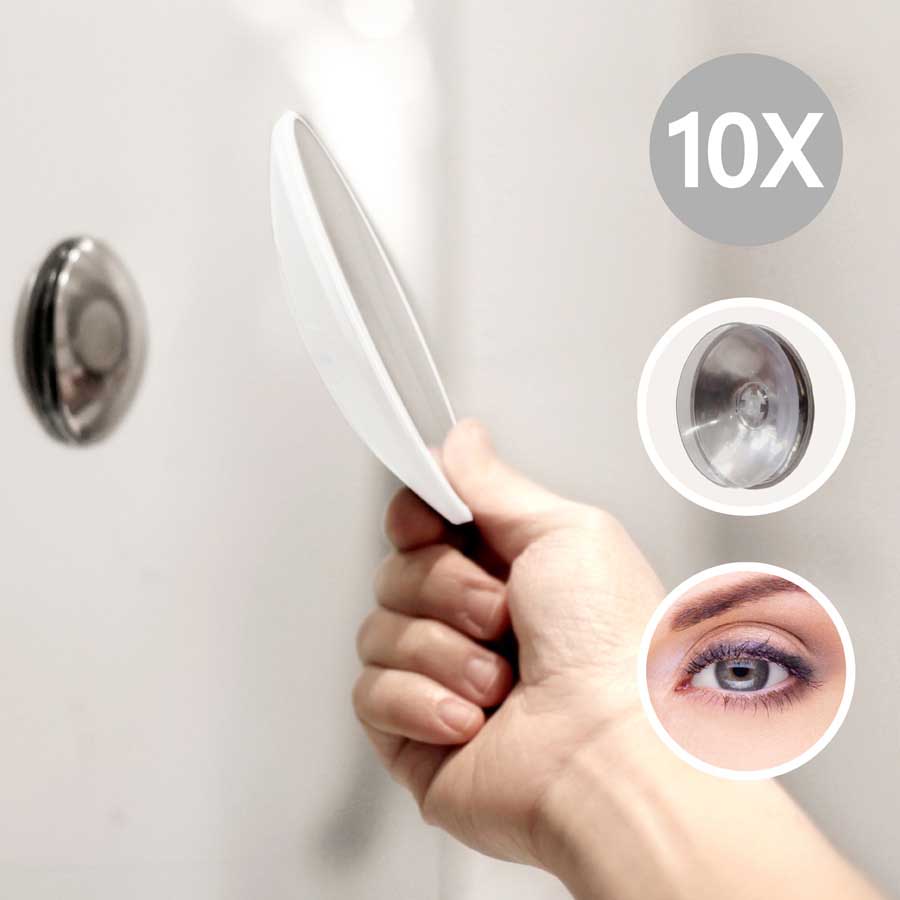 Detachable Make-up Mirror X10. AirMirror™ (Ø 11,2 cm). White. Hidden suction cup fitting. Magnetic fastener
