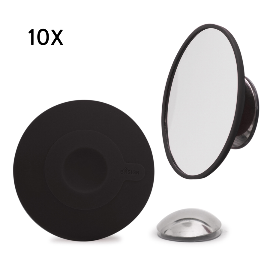 Detachable Make-up Mirror X10. AirMirror™. Black. Hidden suction cup fitting. Magnetic fastener. ø 11,2 cm, 1,4 cm depth. Glass. Silicone