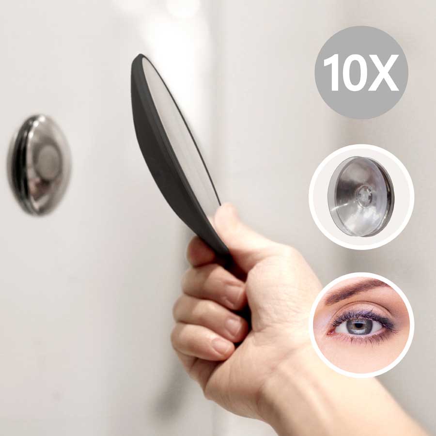 Detachable Make-up Mirror X10. AirMirror™. Black. Hidden suction cup fitting. Magnetic fastener. ø 11,2 cm, 1,4 cm depth. Glass. Silicone - 1