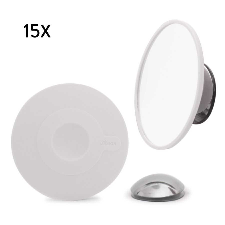 Detachable Make-up Mirror X15. AirMirror™. White. Hidden suction cup fitting. Magnetic fastener. ø 11,2 cm, 1,4 cm depth. Glass. Silicone
