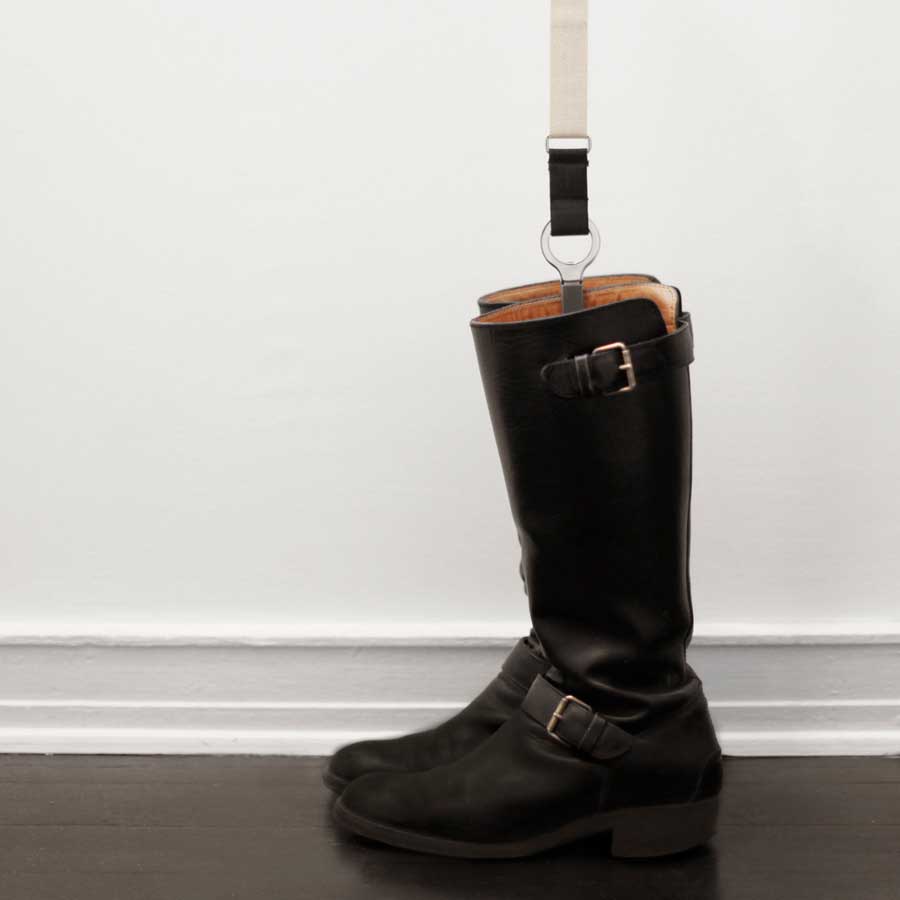Boot Clip Loop - Polished/Dark Grey/Brown/Cream. 4x1x100-180 cm. Chromed Zink/Silicone/Leather/Cotton