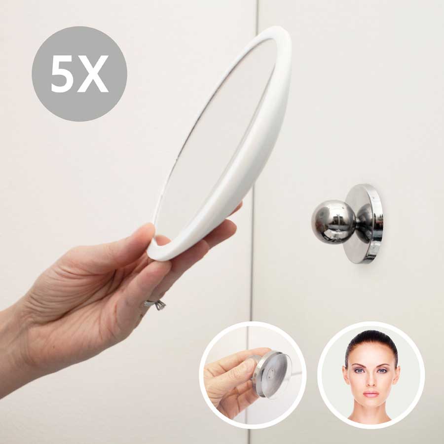 Detachable Make-up Mirror X5. AirMirror™ PLUS. Hidden suction cup fitting. Magnetic fastener. White. ø 16,5 cm, 3 cm depth. Glass. Silicone - 2