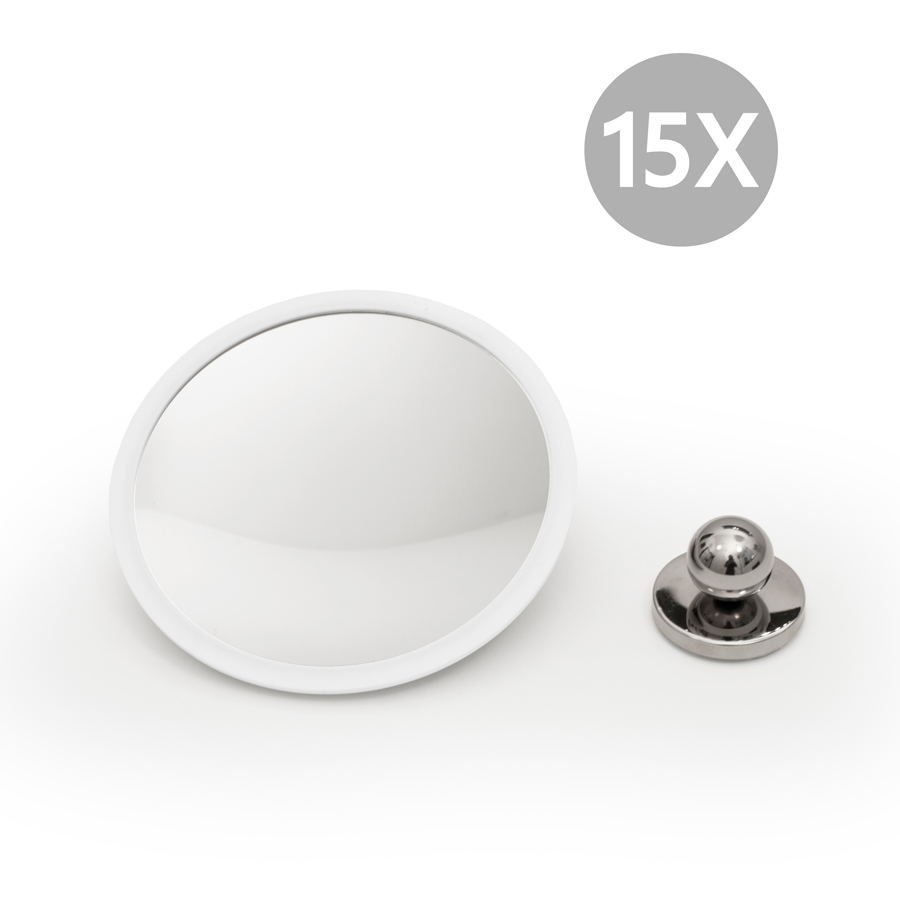 Detachable Make-up Mirror X15. AirMirror™ PLUS. Hidden suction cup fitting. Magnetic fastener. White. ø 16,5 cm, 3 cm depth. Glass. Silicone