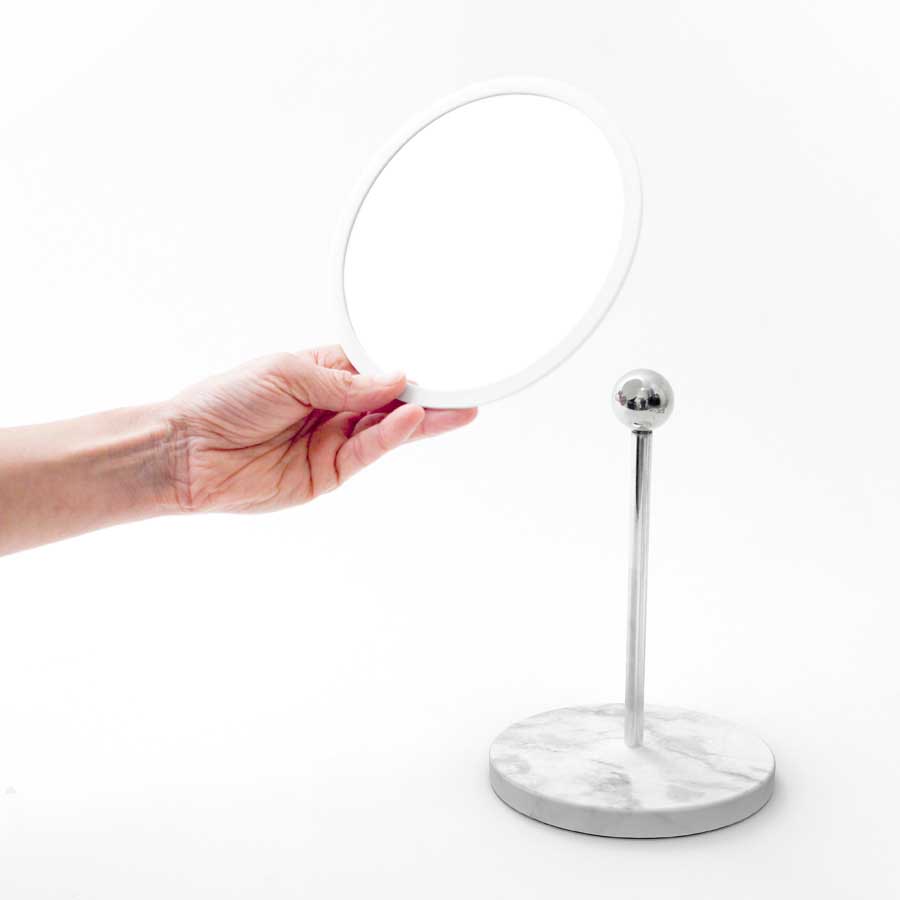 AirMirror™ Table Stand. Detachable Make-up Mirror X5 - White, grey. Marble stone base. ø 16,5 cm, 3 cm depth. Glass. Silicone - 1