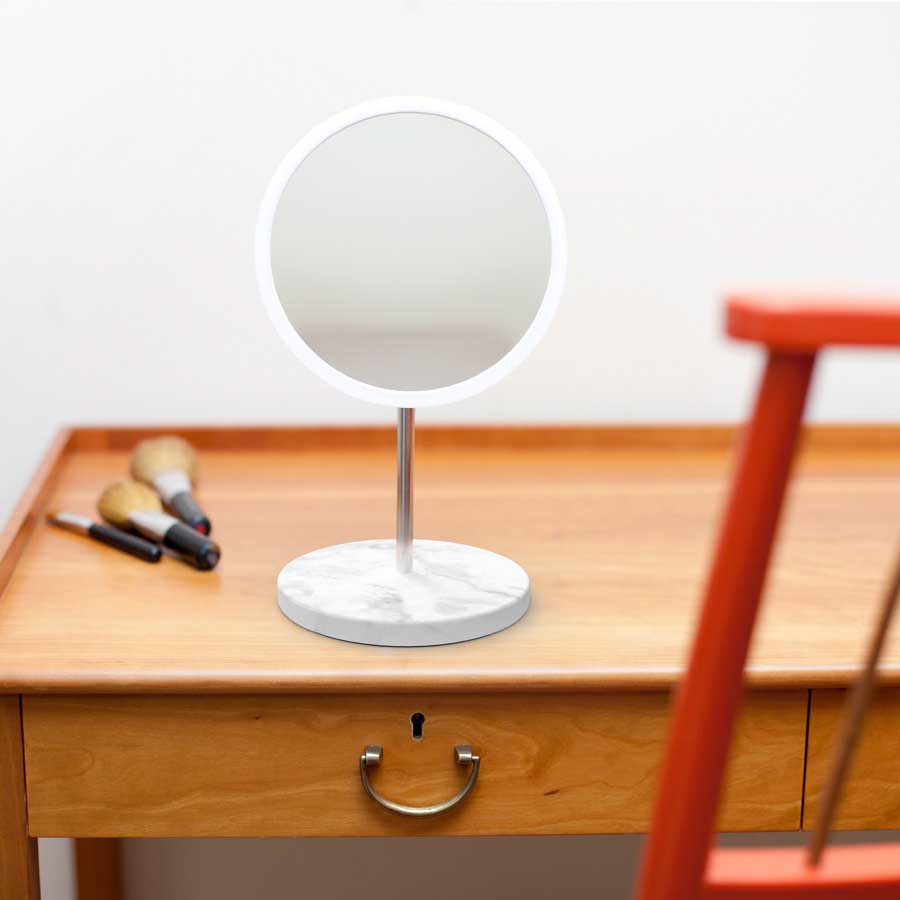 AirMirror™ Table Stand. Detachable Make-up Mirror X5 - White, grey. Marble stone base. ø 16,5 cm, 3 cm depth. Glass. Silicone - 7