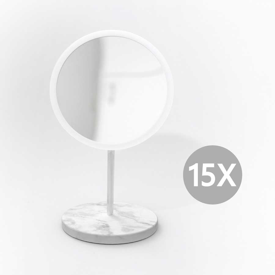 AirMirror™ Table Stand. Detachable Make-up Mirror X15 - White, grey. Marble stone base. ø 16,5 cm, 3 cm depth. Glass. Silicone