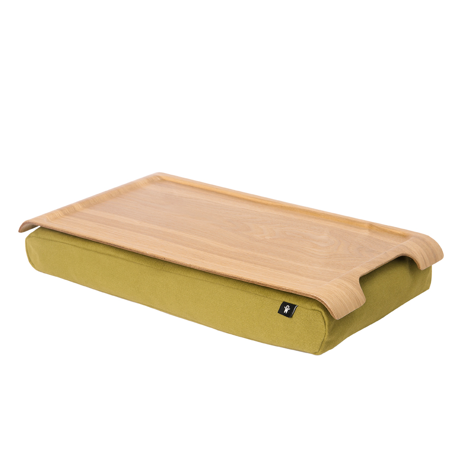 Mini Laptray - Willow wood/Olive Green cushion. 46x23x6,5 cm. Willow (Fraxinus mandschurica), cotton