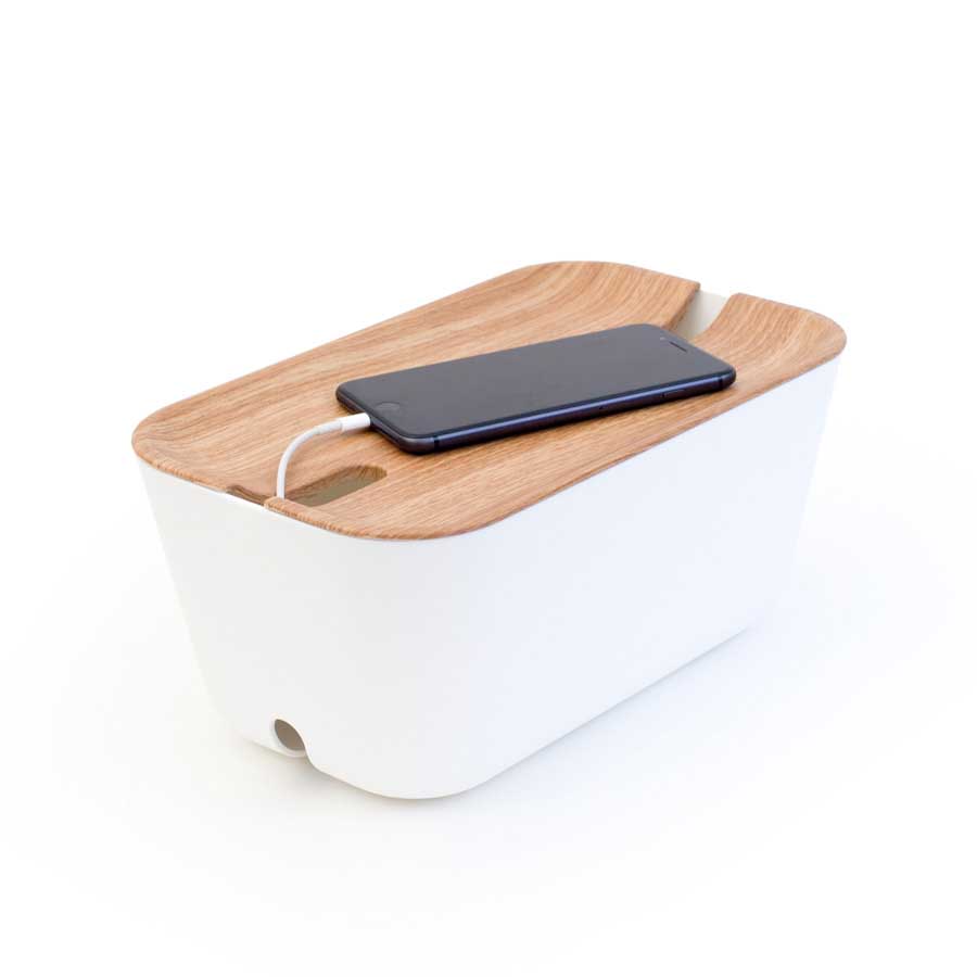 Cable Organiser M. Hideaway - White/Natural wooden print. 30x18x13,8 cm. Plastic, silicone