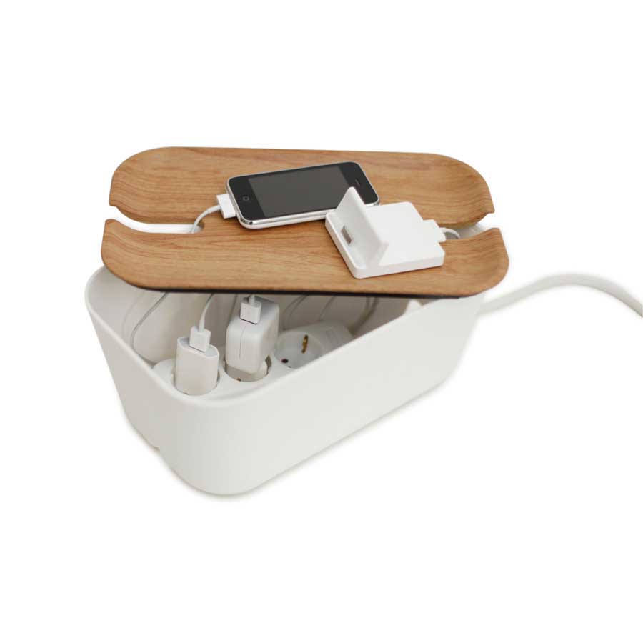 Cable Organiser M. Hideaway - White/Natural wooden print. 30x18x13,8 cm. Plastic, silicone - 1