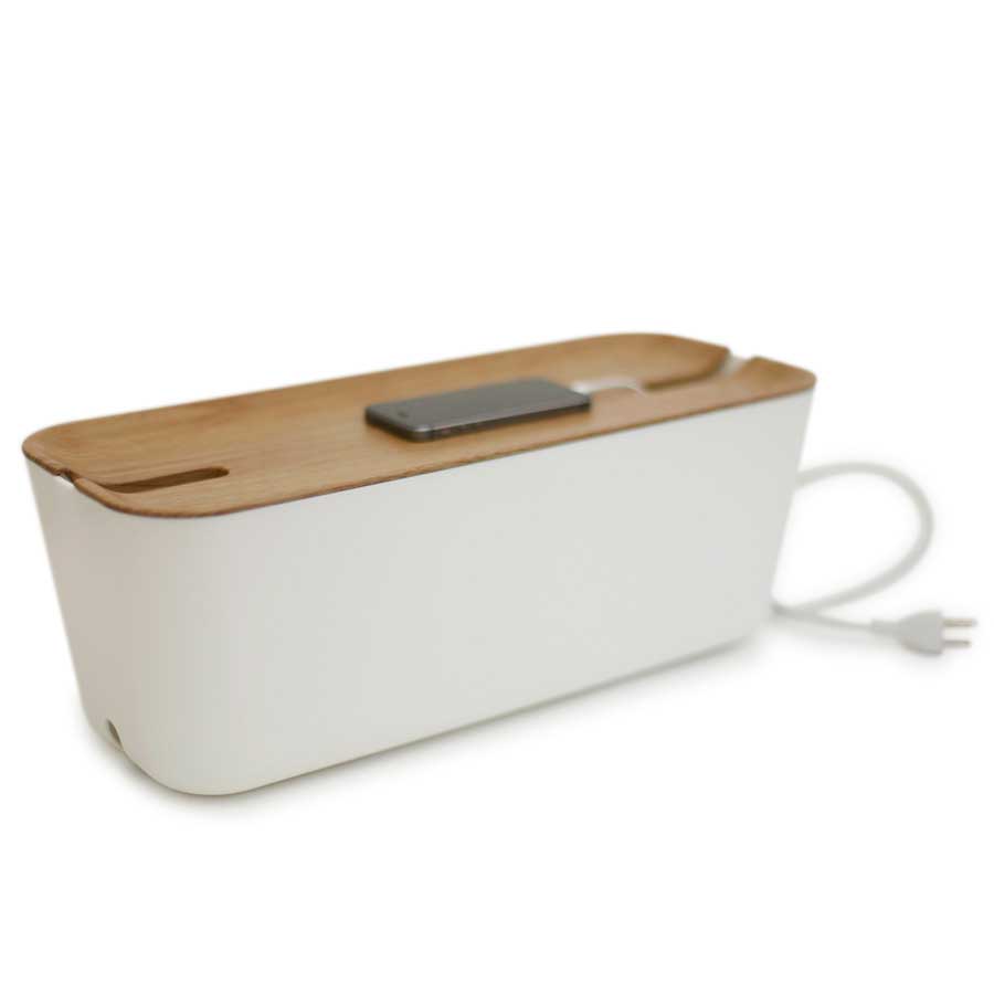 Cable Organiser XL. Hideaway - White/Natural wood decor. 45x18x17 cm. Plastic, silicone